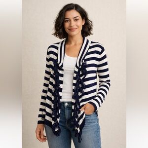 duffield lane nautical striped sweater open cardigan spring fringe preppy $220